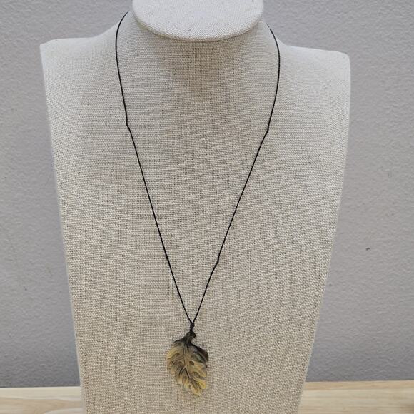 Carved Oyster Shell Hawaiian Monstera Pendant Delicate 17" Cord Necklace - Picture 4 of 11